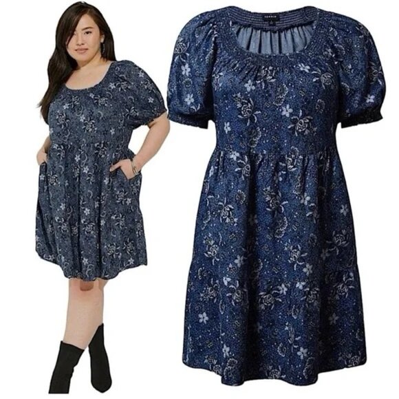 Torrid~Tiered Chambray Blue Floral Smocked Short Sleeve Dress in size 4/4X or 26 - Picture 16 of 16